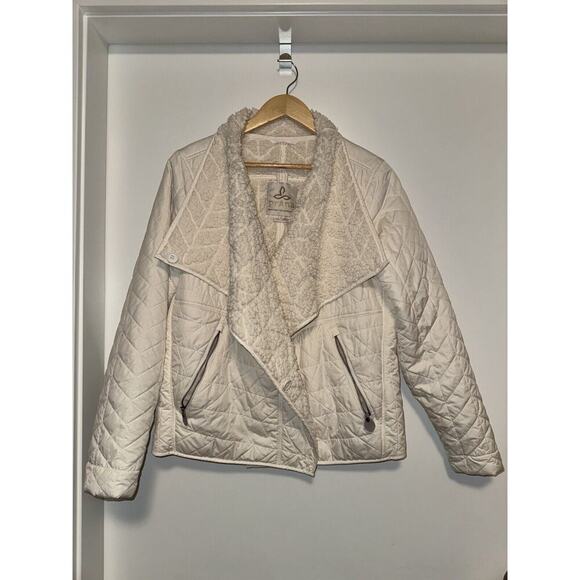 PRANA Womens Sherpa Fleece Lined Diva Puffer Jacket Asymmetric Zip Ivory LARGE - Picture 2 of 7